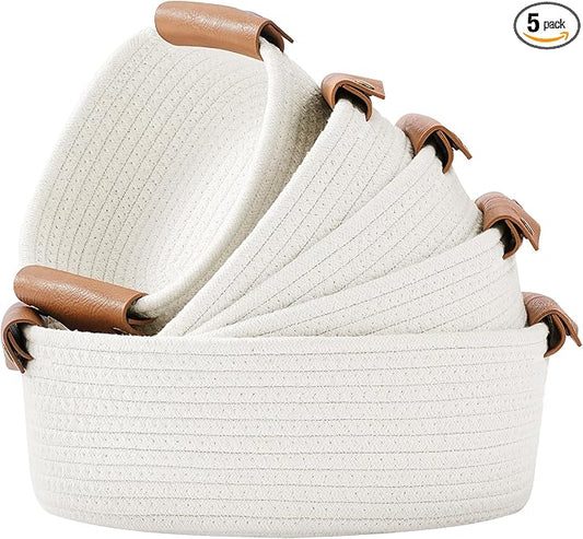 5 Piece Storage Baskets Small Woven Basket with Detachable Leather Handle, Cotton Rope Shelf Baskets for Closet Organizers, Different Sizes Basket Decor, White