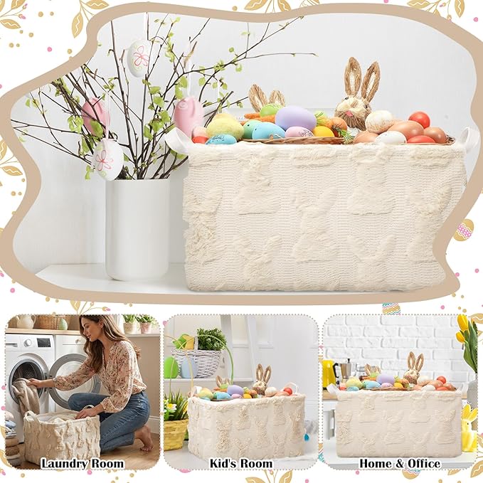 Kathfly Beige Rabbit Storage Baskets Easter Bunny Laundry Basket Plush Faux Fur Jacquard Design with Handles Waterproof Storage Bins Fabric Shelf Baskets for Easter Party Decorations