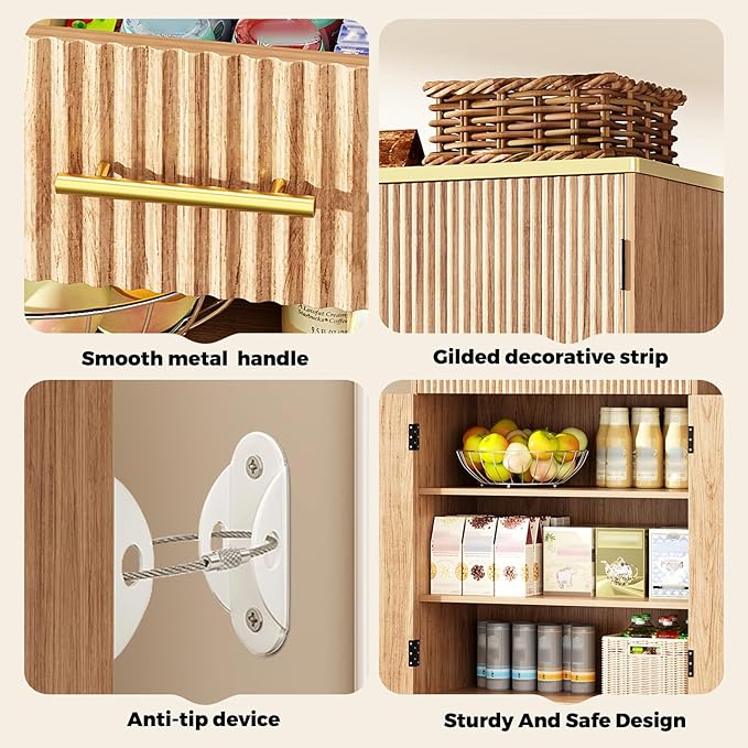 Fluted Pantry Cabinet, 71" Tall Modern Storage Cabinet with 4 Doors, Organizer, Drawer and 8 Door Shelves, Wood Cupboard for Kitchen, Dining Room, Living Room and Bathroom, Natural Oak