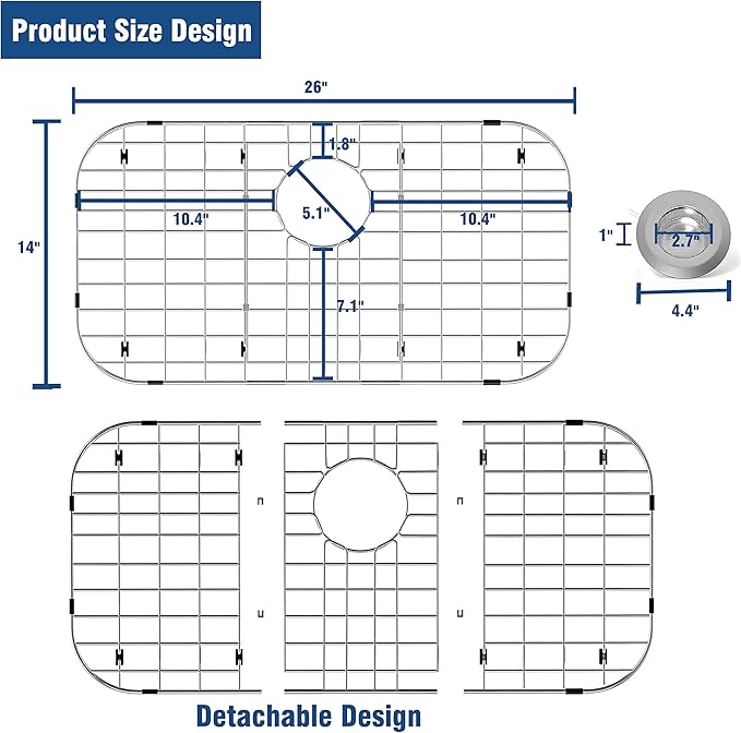 Stainless Steel Sink Protector 26"x14" with Rear Drain, Metal Sink Rack for Bottom of Sink, Kitchen Sink Grate and Sink Protectors with Sink Strainer (26" x 14" - Rear Drain)