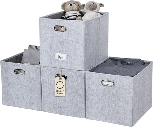 DECOMOMO Felt Storage Bins 13x15x13 Storage Cube Bins with Labels, Baskets for Organizing Shelves (Kallax / 4pcs, Light Grey)