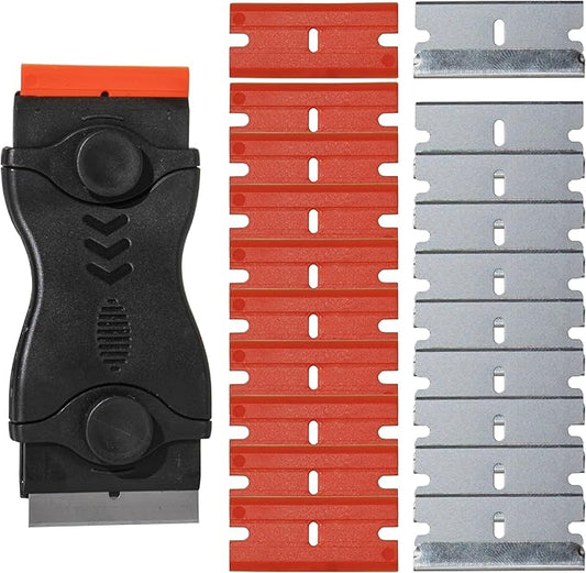 Mighty Melt Multi-Surface Plastic Scraper Tool - Non-Scratch - for Removing Burnt Food, Tough Stains & Stickers from Glass, Ovens, & More - Adhesive Remover - 10 Metal & 10 Plastic Blades