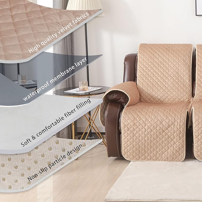 LUFEIJIASHI Velvet Recliner Covers Non Slip Waterproof Large Recliner Chair Covers for Leather Chairs Recliner Sofa Cover for Living Room (Beige, 3 Seater)