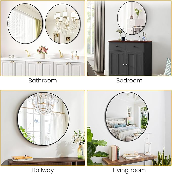 GarveeHome Round Mirror, 24 in Aluminum Alloy Circle Frame, High Definition Eco-Friendly Black Round Bathroom Mirror for Over Sink, Wall Mirror for Entryway, Bathroom, Vanity, Living Room