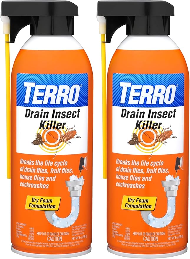 TERRO Drain Insect Killer - T590 Drain Fly Killer Spray - Foam Treatment for Fruit Flies, House Flies, and Cockroaches (Pack of 2)