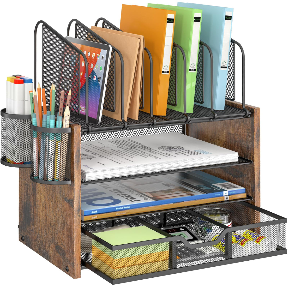 DAOUTIME 4-Tier Mesh Desk Organizer, Wooden Desk File Organizer - Image 1