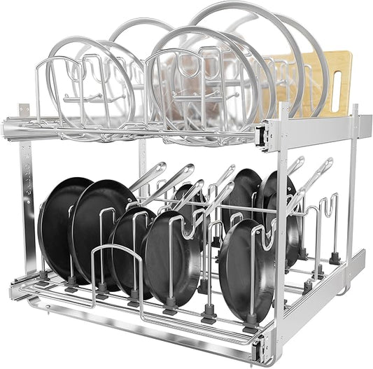 2-Tier Kitchen Pull out Cabinet Organizer for Pots, Pans, and Lid Cookware, Adjustable Heavy Duty Wire Pan and Pot Rack, Full-Extension Rail 21" W *22" D