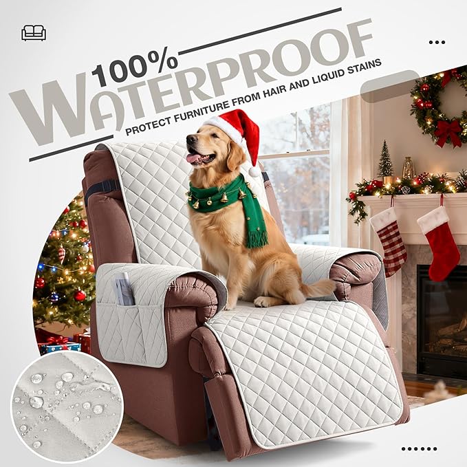 KinCam 100% Waterproof Recliner Chair Cover, Reclining Couch Covers for Pets, Dogs, Recliner Couch Slipcover Furniture Protector with Elastic Straps for Kids(28", Beige White)