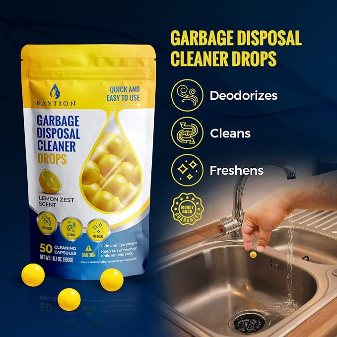 Garbage Disposal Cleaner & Deodorizer Bundle. 1 X 50 Count Pack of Bastion Disposer Balls + 1 X 24-Count Box of Enzyme Enhanced Deep-Cleaning Foaming Disposal Scrubbing Packets.
