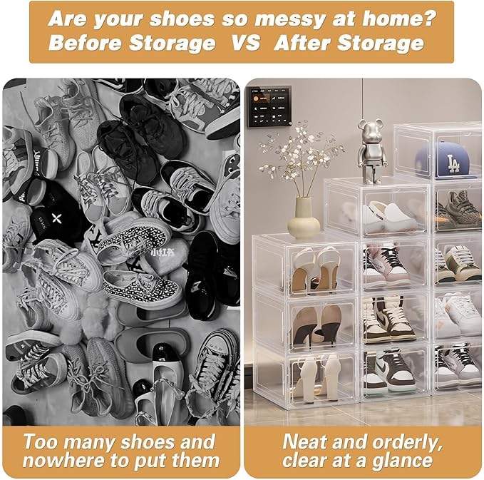 Clear Shoe Storage Boxes Stackable – Acrylic Shoe Box Organizer with Drop Front, Thicken & Sturdy Shoe Boxes for Kids Shoe Storage, Assemble Shoe Drawer Organizer, 5 Pack