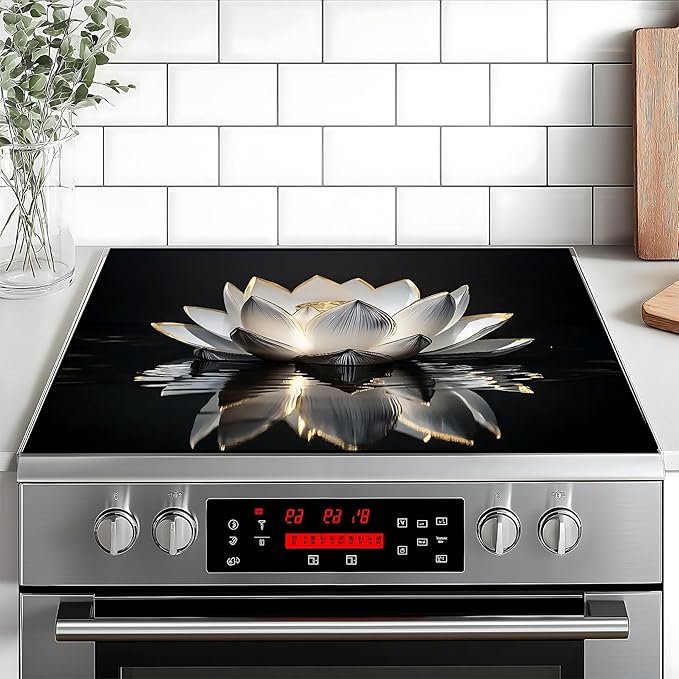Stove Top Cover Flower Gas Stove Top Cover for Home Decoration Kitchen Pad Non-Stick Washable Cooktop Covers Countertop Protector Keep Stove Clean (White lotus, 28L"x20W")
