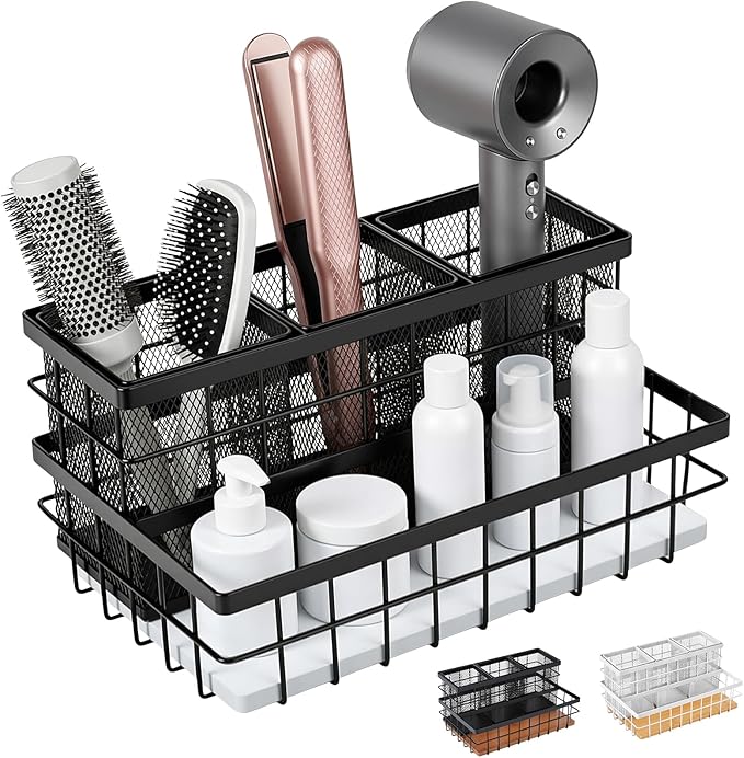 1 Pcs 1pcs Hair Tool Organizer Countertop Breathable Metal Bamboo Hot Tools Vanity Organizer Under Sink Bathroom Hair Dryer Holder Countertop Brush Comb Holder Tray (White Bamboo,Black)