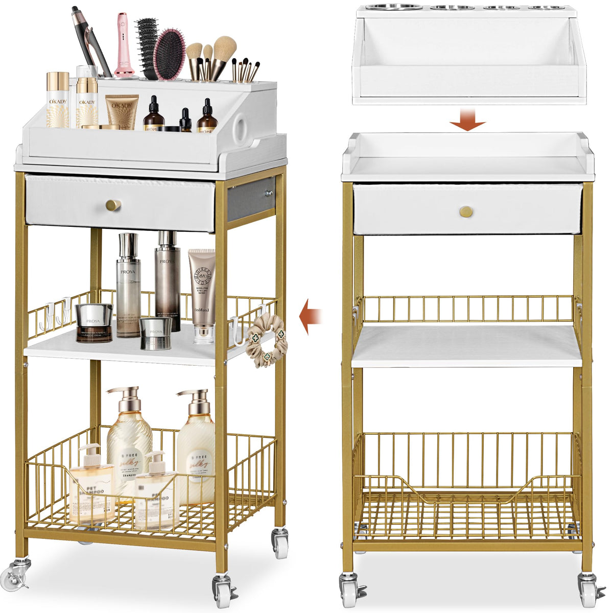 Makeup Organizer Cart, Rolling Vanity Storage, Gold and White - Image 1