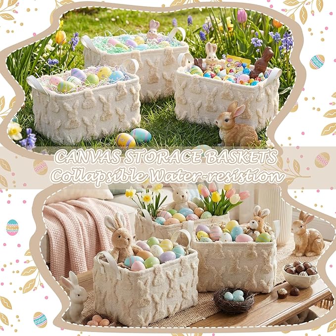 Kathfly Beige Rabbit Storage Baskets Easter Bunny Laundry Basket Plush Faux Fur Jacquard Design with Handles Waterproof Storage Bins Fabric Shelf Baskets for Easter Party Decorations