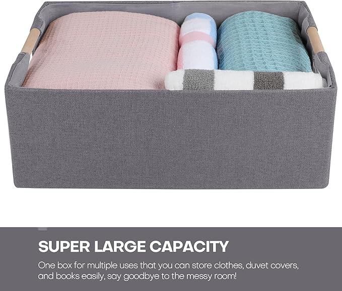 ANMINY 4PCS Storage Baskets for Organizing Collapsible Fabric Storage Bins Boxes with Wood Handles Closet Shelves Cube Organizer Bins Clothes Laundry Storage Container - Small, Gray