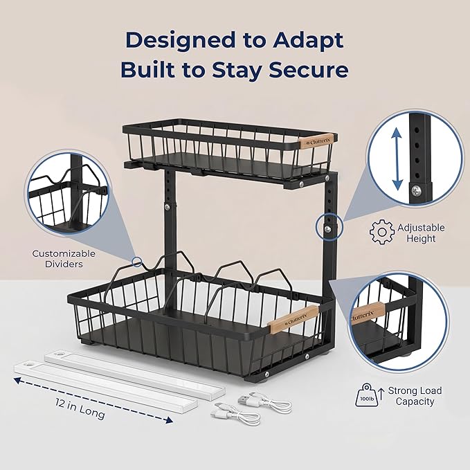 Under Sink Organizer, 2 Pack, 2 Tier Sliding L-Shaped Carbon Steel Rack with Adjustable Height, Motion-Activated LED Lights, Dividers & Hooks (Black)