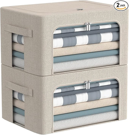CYhom Clothes Storage Bins Box - Linen Fabric Foldable Stackable Container Organizer Set with Clear Window & Carry Handles & Metal Frame - 2Pack Large Capacity for Bedding, Blankets, Books