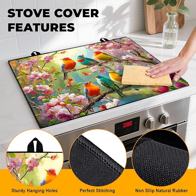 Happy Easter Stove Top Cover Flower Eggs Cute Rabbit Gas Stove Top Cover for Home Decoration Kitchen St. Patrick Day Pad Non-Stick Washable Cooktop Covers Countertop Protector (bird, 28" x 20")