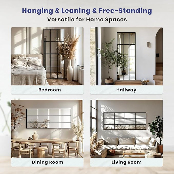 Windowpane Mirror Full Length 71""x30"" Wall Mounted Art Pane Mirror Farmhouse Decorative Floor Mirror Leaning Hanging Wall Mirror for Bedroom Living Room Entrance, Black