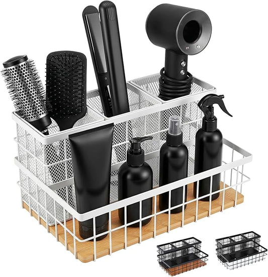 1 Pcs 1pcs Hair Tool Organizer Countertop Breathable Metal Bamboo Hot Tools Vanity Organizer Under Sink Bathroom Hair Dryer Holder Countertop Brush Comb Holder Tray (Natural Bamboo,White)