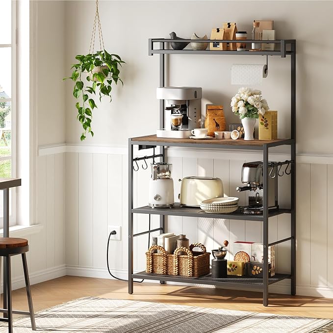 Bakers Rack with Power Outlet, Microwave Stand with Paper Holder, Bakers Rack with Storage, Coffee Bar Station with 6 Hooks, for Kitchen, Dining Room, Rustic Brown and Black BRHR361E01