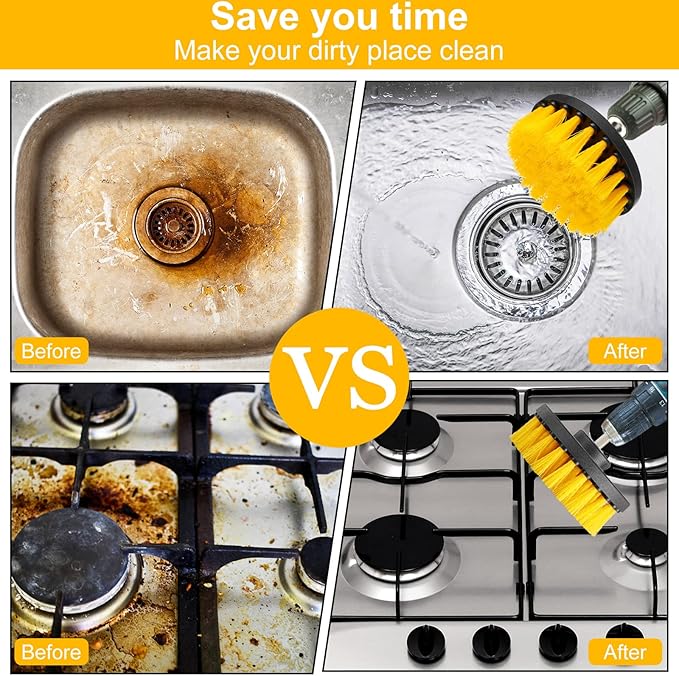 Drill Brush Attachment Power Scrubber Cleaning Kit Multi Purpose Drill Brush Set Drill Scrubber Brush Kit Cleaning Brushes for Drill Bathroom Surfaces Tub Grout Shower Kitchen (Yellow, 12 Pcs)
