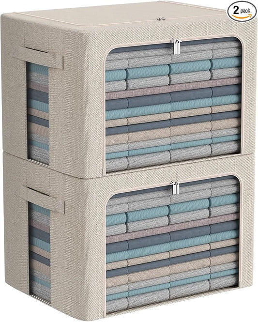 CYhom Extra Large Clothes Storage Bins - Linen Fabric Foldable Stackable Container Organizer Set with Clear Window & Carry Handles & Metal Frame - 2Pack Large Capacity for Bedding, Blankets, Books