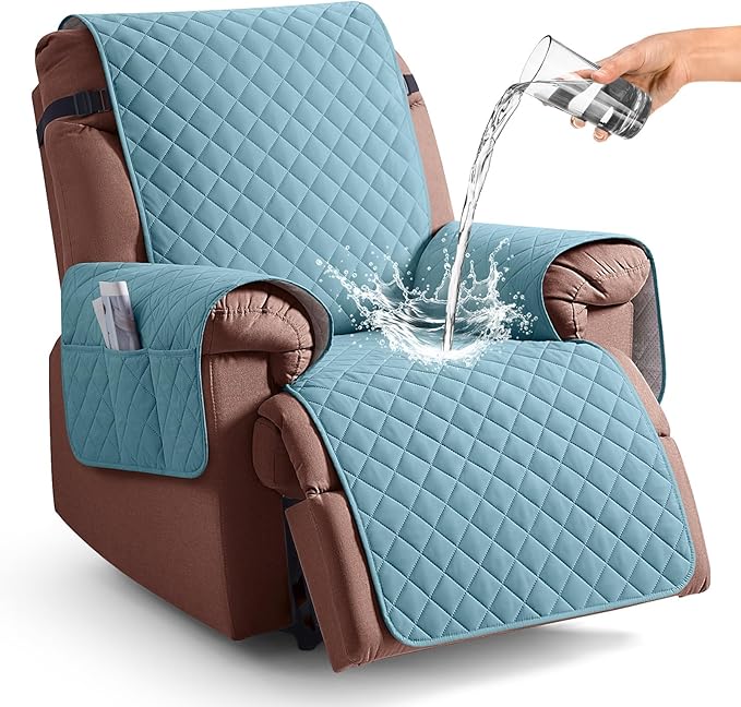 KinCam 100% Waterproof Recliner Chair Cover, Reclining Couch Covers for Pets, Dogs, Recliner Couch Slipcover Furniture Protector with Elastic Straps for Kids(25", Light Blue)