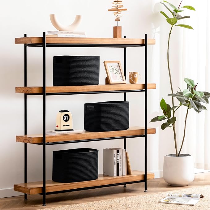 UBBCARE 2 Pack Storage Baskets for Organizing, Shelf Baskets with Handles, Woven Storage Baskets for Bookcase/Cube Shelf/Closet, 14.5"L x 9.8"W x 9"H, Black