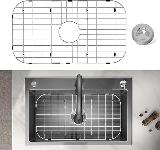 Stainless Steel Sink Protector 26"x14" with Center Drain, Metal Sink Rack for Bottom of Sink, Kitchen Sink Grate and Sink Protectors with Sink Strainer (26" x 14" - Center Drain)