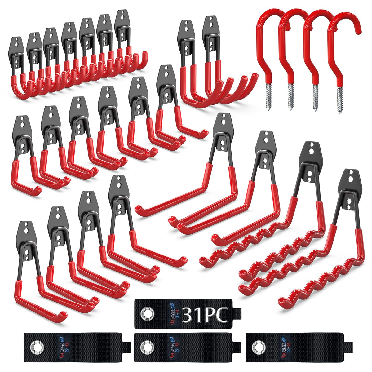 3-H Heavy Duty Garage Hooks, 31 Pack Wall Storage Organizer,Red - Image 1