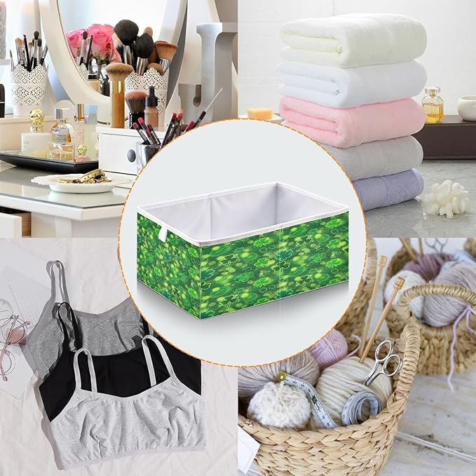 Bolaz Green Clover St Patricks Day Closet Organizers Storage Cubes Storage Bins Shelf Baskets Containers for Home Room Office,Square