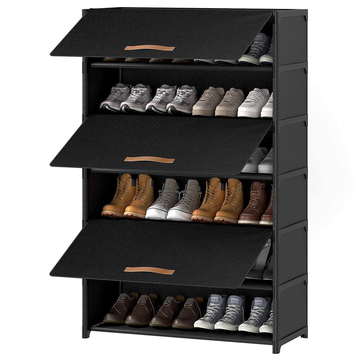 7 Tier Shoe Cabinet with Door, 28-Pair Storage, Black - Image 1