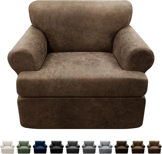 2-Pieces T Cushion Armchair Slipcovers Leather Look Couch Cover Chair Covers Stretch Furniture Protector Sofa Cover with 1 Individual T Cushion Seat Cover Slipcover Sets Washable, Light Brown