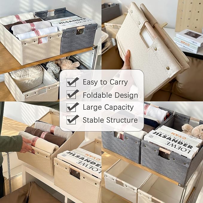 2PCS Storage Bins Cotton Linen Fabric Storage Boxes Basket with Wooden Handles Foldable Washable Decorative Shelf Container Clothes Organizer Home Laundry - Medium Size, Beige