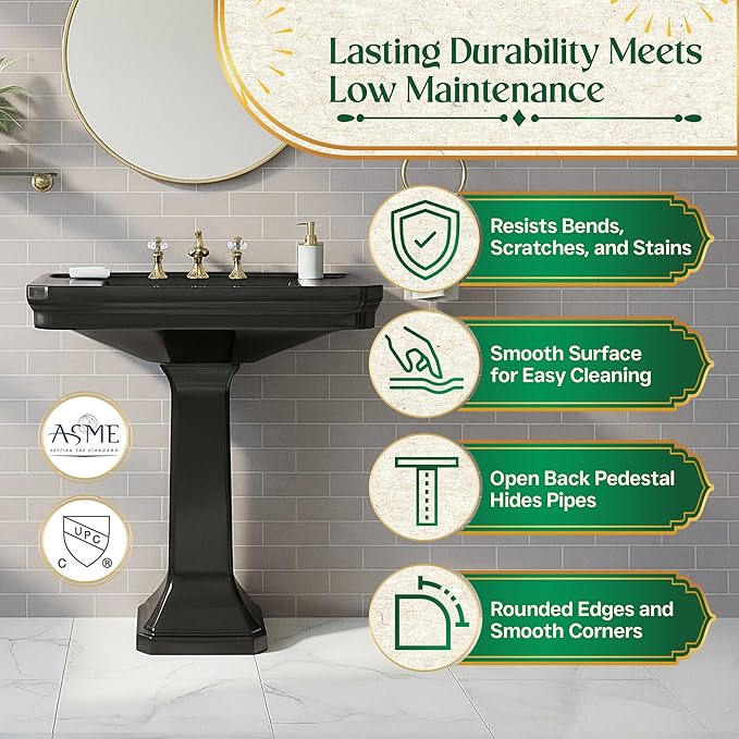 Victoria 32" Large Black Pedestal Bathroom Sink With Overflow Heavy Duty Porcelain Pre-Drilled Widespread Faucet Holes Renovators Supply Manufacturing