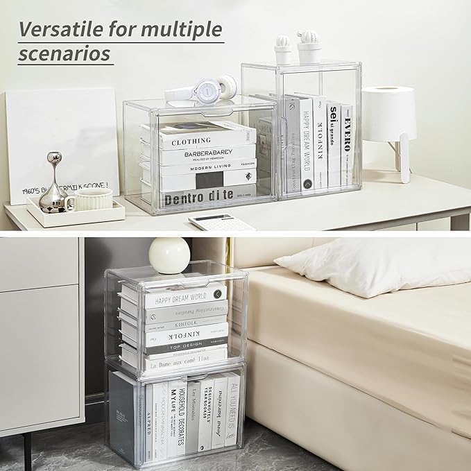 Cube Storage Organizer Acrylic Book Case Display Case Box Stackable Book Storage Containers With Magnetic Door Clear Plastic Portable Organizer For Living Room Bedroom 5 Pcs