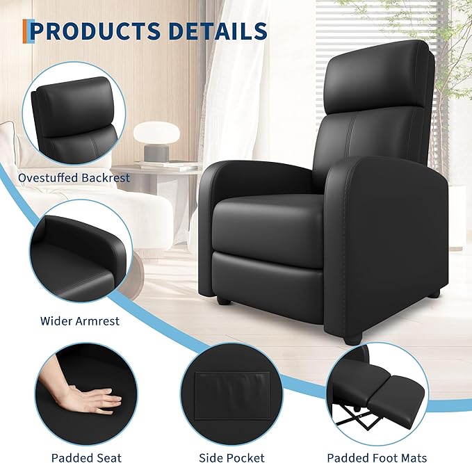 Garvee Recliner Chair for Adults, PU Leather Lazy Recliner Ergonomic Adjustable Single Sofa Enhanced with Side Pocket, Tall Back, Wide Arms & Padded Seat, Home Theater Seating for Living Room
