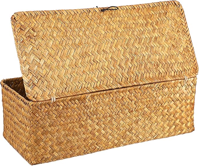 Hipiwe Seagrass Storage Basket Bin with Lid Rectangular Woven Shelf Baskets for Closets Bathroom Kitchen Shelf Organizing, Caramel, 14.2" x 6.3'' x 4.7''