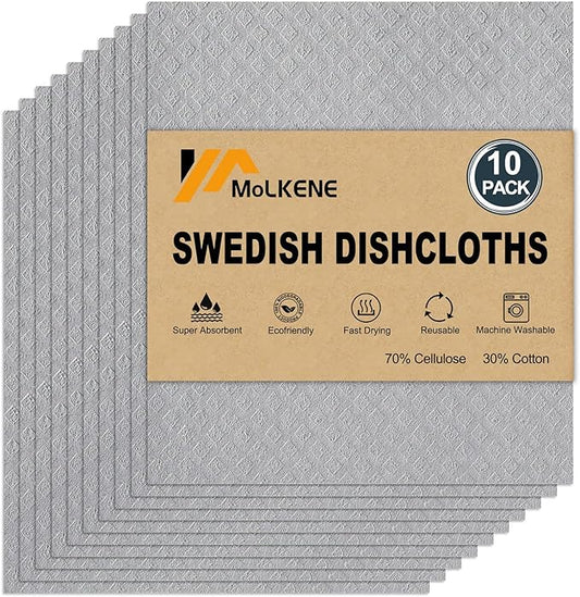 Swedish Dishcloths for Kitchen | 10 Pack Absorbent Cellulose Sponge Cloths Washable | Non-Scratch Reusable Paper Towels Quick Drying Cleaning Rag - Grey