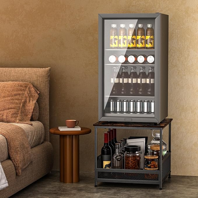 Mini Fridge Stand with Storage, Heavy Duty Mini Fridge Cabinet Shelf - 230 lbs Capacity, Storage Bin for Drink & Snacks, Sturdy Small Refrigerator Stand for Dorm, Office, and Bedroom