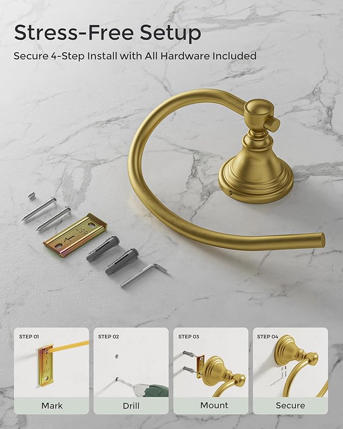Gold Towel Ring for Bathroom, Stainless Steel Hand Towel Holder Wall Mounted, Brushed Finish Towel Holder Heavy Duty Towel Hanger for Bath（2Pack）