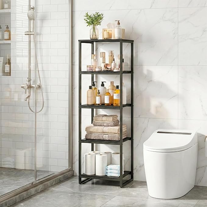 5-Tier Bathroom Shelving Unit, 47" H Narrow Open Floor Shelves, Metal Corner Slim Storage Rack for Bathroom Laundry Room Kitchen Living Room, Black