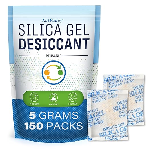 LotFancy Silica Gel Packets, 5 Gram 150 Packs Rechargeable Desiccant Dehumidifiers Packets, Moisture Absorber Drying Bag with Orange Indicator, Non-Toxic, Odorless