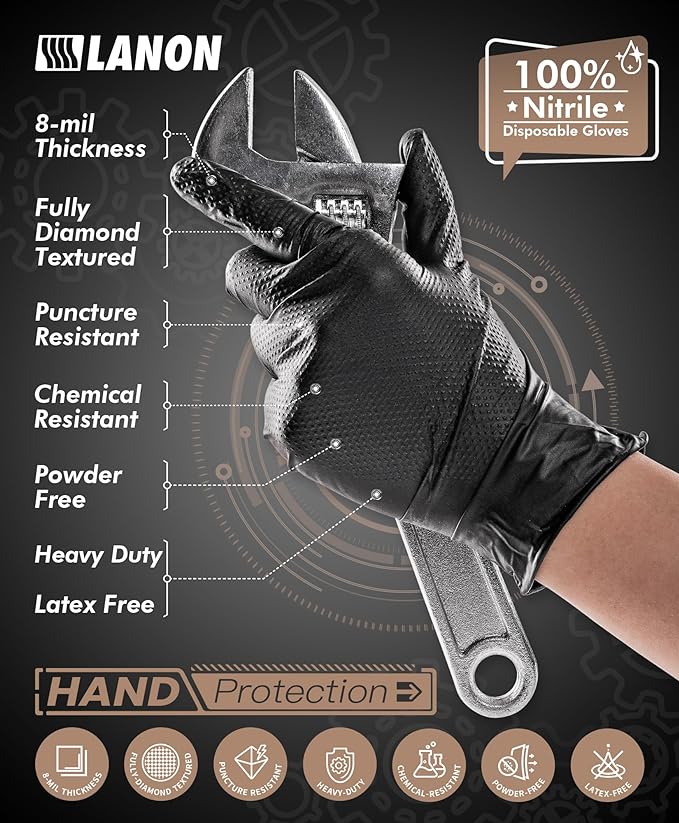 LANON Protection Heavy Duty Black Nitrile Gloves, Food Safe, Latex Free, Powder Free, Mechanic, Fully-Diamond Textured Grip Industrial Disposable Gloves, 8mil, Small