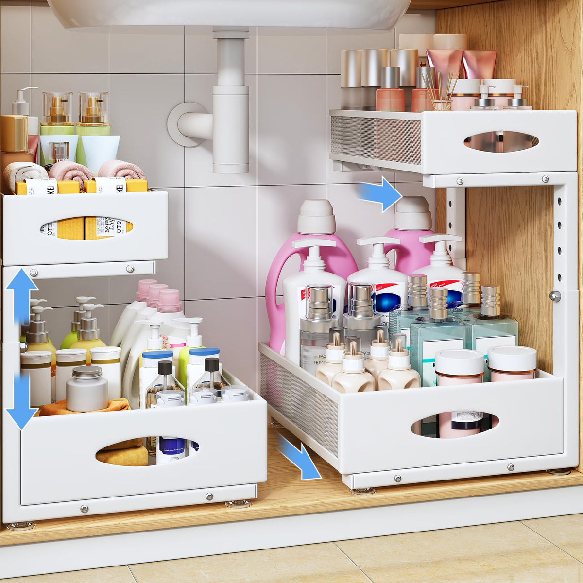 Under Sink Organizer, 2 Pack 2 Tier Pull Out Under Cabinet Organizer Shelf with Pad for Framed Cabinets, Metal Slide Out Under Sink Storage, Mesh Sliding Drawers for Kitchen Bathro