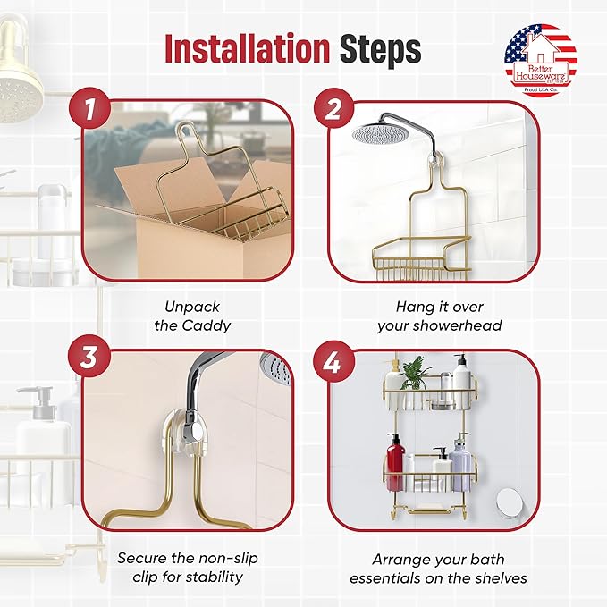 Better Houseware Over the Shower Head Caddy, Rustproof Shower Head Organizer with Hooks & Shelves, Hanging Shower Caddy for Shampoo, Conditioner & Soap, Aluminum Bathroom Rack, Gold