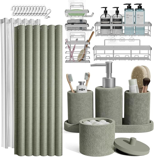 Clara Clark Sage Green Bathroom Set - Bathroom Accessories Set, 24PC Bathroom Accessory Set, Bathroom Sets with Shower Curtain Set, Adhesive Corner Shower Caddy Hanging & Soap Dispenser
