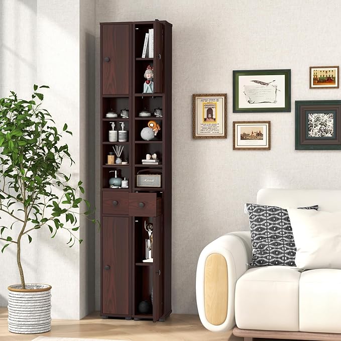 Giantex Slim Bathroom Storage Cabinet - 71” Tall Narrow Floor Cabinet Cupboard with 2 Doors, 5 Adjustable Shelves, 1 Drawer, Anti-Tipping Device, 2 Pack Thin Linen Tower Cabinet, Reddish Brown