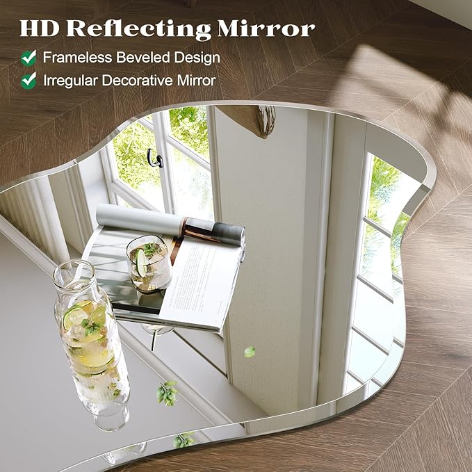 Irregular Wall Mirror, 20”x36” Frameless Asymmetrical Mirror, Beveled Frameless Funky Wavy Wall Mirrors for Entry Way Modern Bathroom Bedroom Living Room